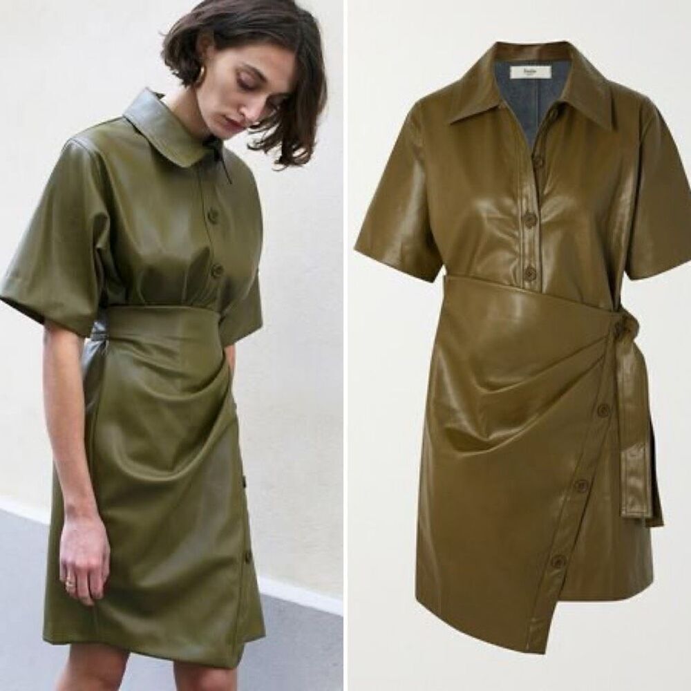 The Frankie Shop Zoeyy Faux Leather Wrap Dress Khaki Green Size Small